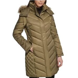 KENNETH COLE Olive Mid-Length Chevron Quilted Puffer Hooded Coat Faux Fur Size M